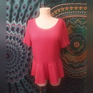 Short-Sleeve Ribbed Coral Pink Peplum Top - NWOT